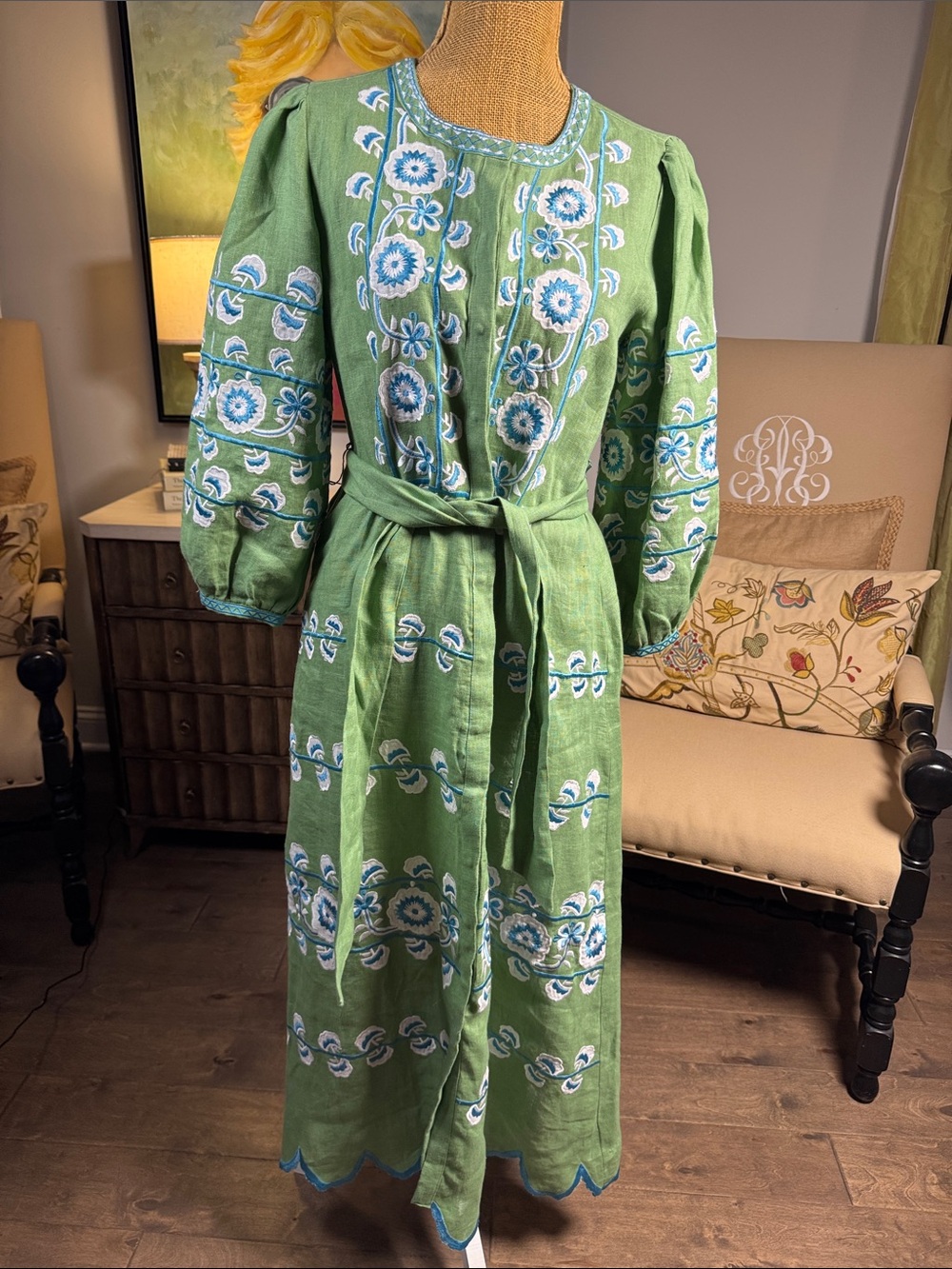Asha Embroidered Green Midi Dress with Belt small